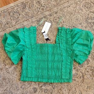 Endless Rose Green Puff Sleeve Smocked Blouse